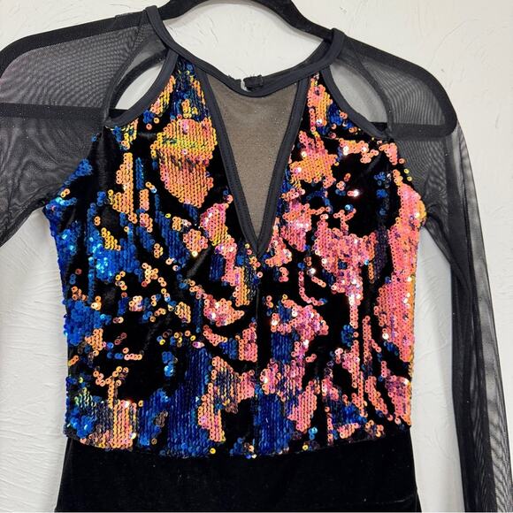 Weissman Costumes Adult Small Sequined Black Velvet Shorts Leotard Sheer Sleeve - Picture 2 of 10